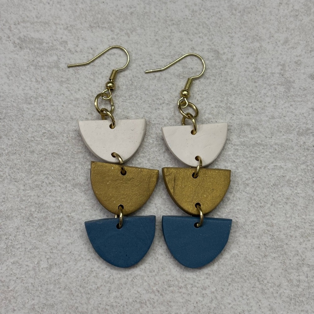 Elegant Gold, Blue, and White Polymer Clay Statement Dangle Earrings